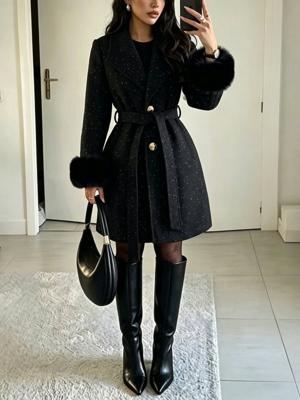 Black Elegant Women's Coat With Patchwork Fur Cuffs And Single-Breasted Buttons